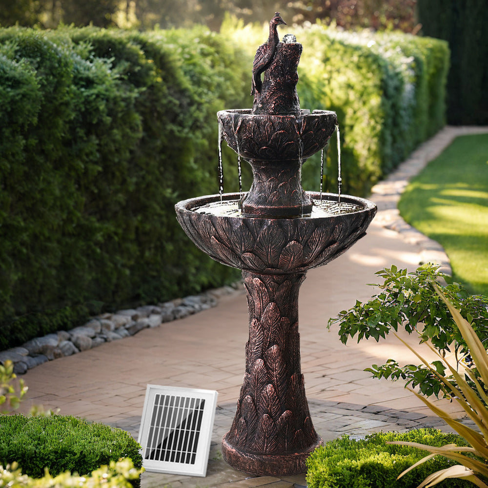 Gardeon 106cm Peacock Solar Fountain Tiered Bird Bath Brown