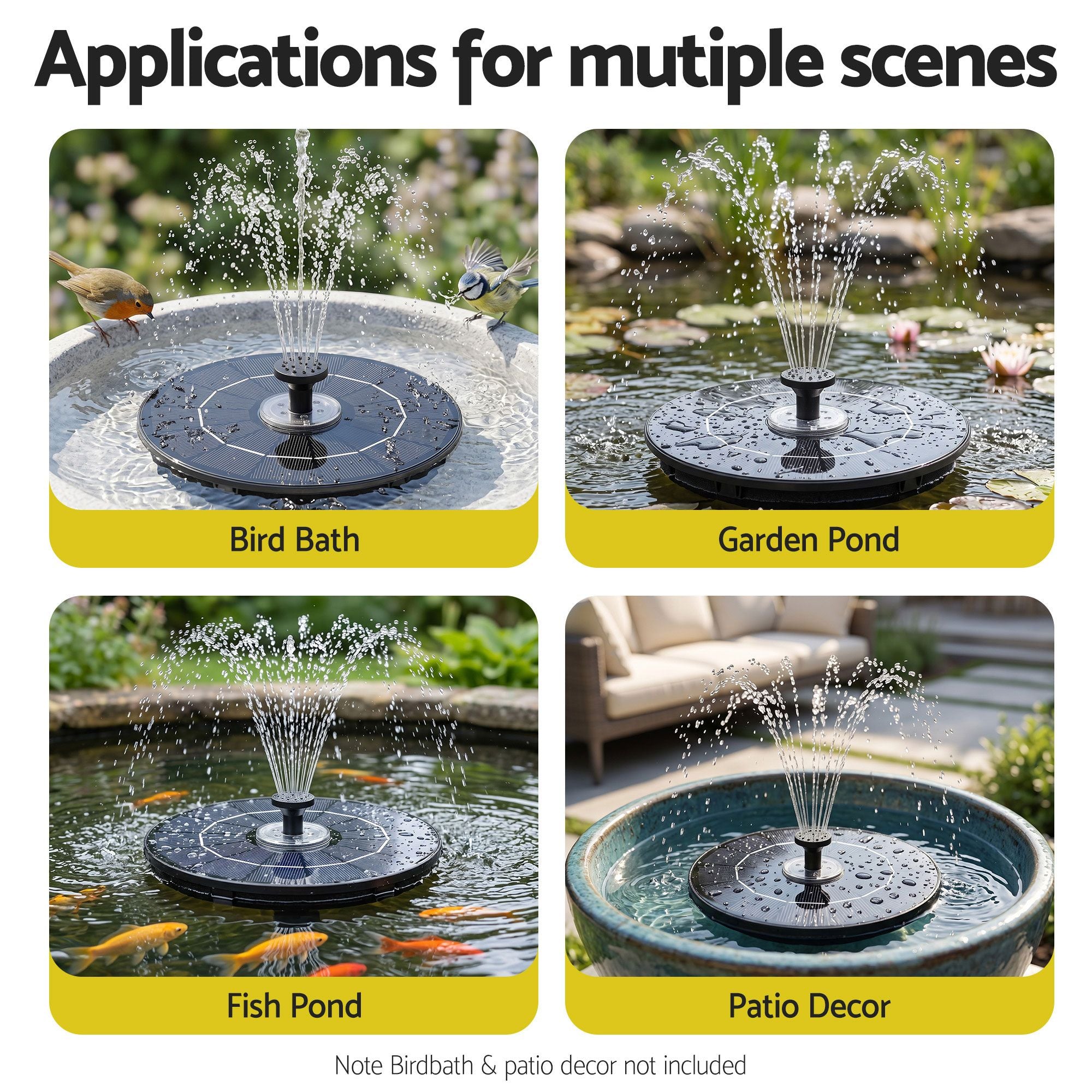 Gardeon Solar Fountain Pump Bird Bath LED Lights 165 L/h Flow 17cm Black