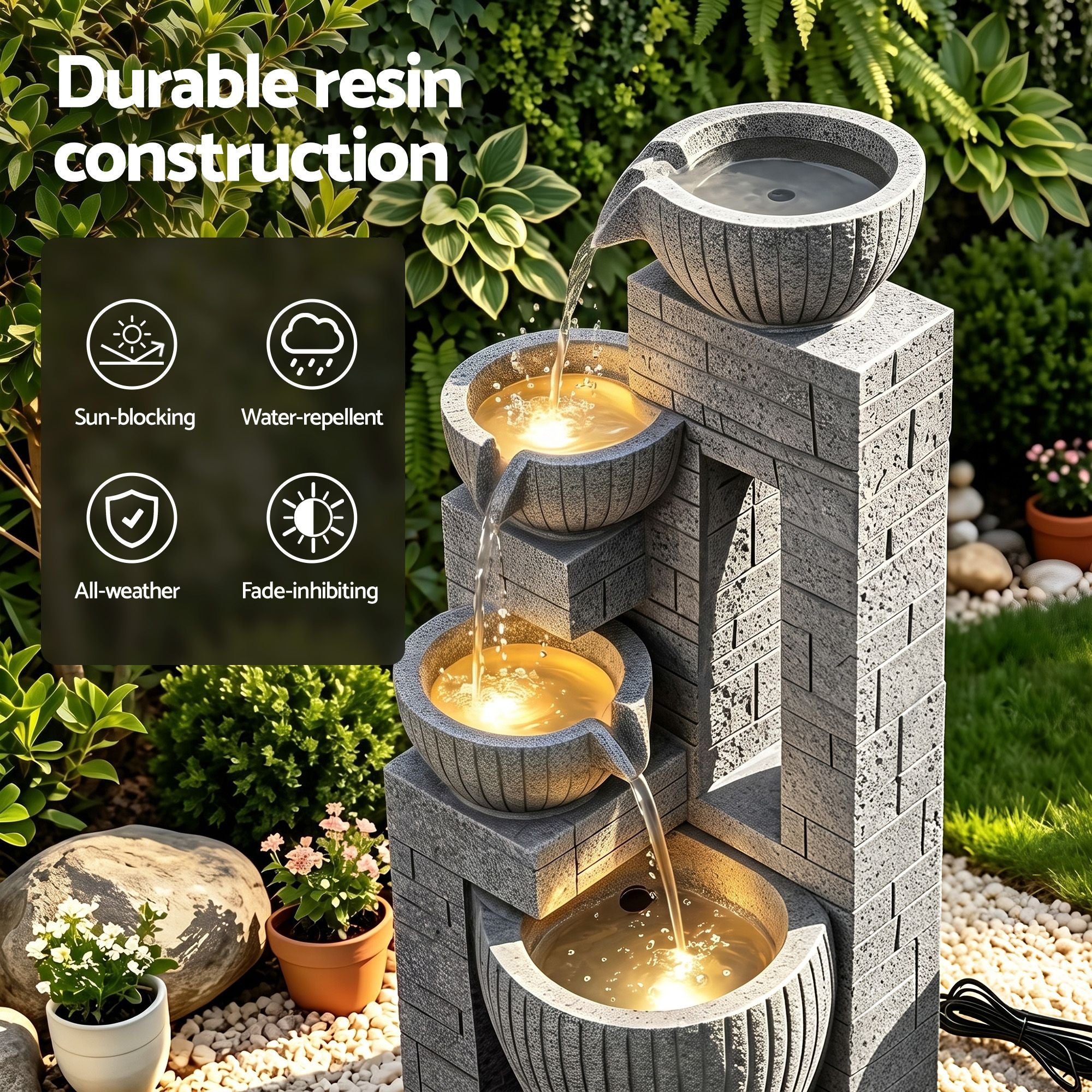Gardeon Solar Fountains Water Features Cascading Design Polyresin 80cm Grey