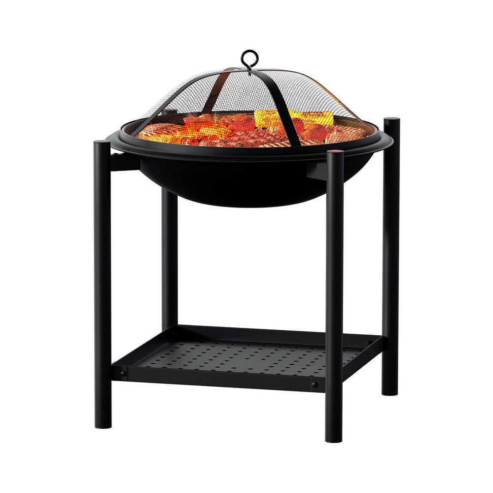Grillz 55cm Outdoor Fire Pit BBQ Grill 2-in-1 Black