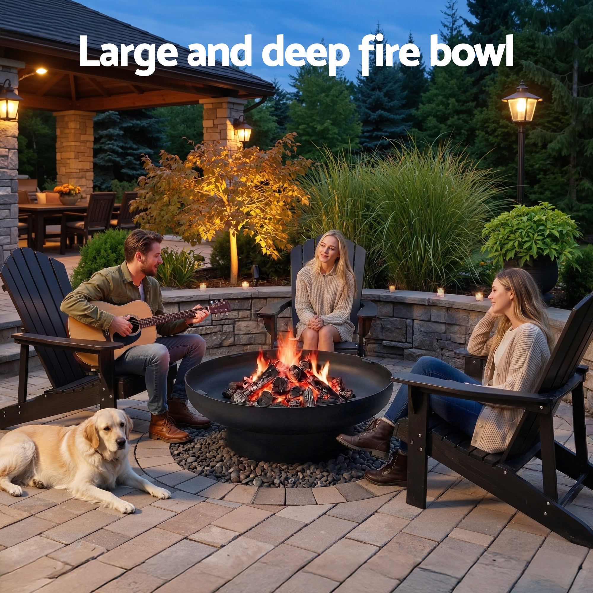 Grillz Fire Pit Table with Lid Deep Fire Bowl Wood Burning BBQ Grill for Backyard Camping Patio Picnic