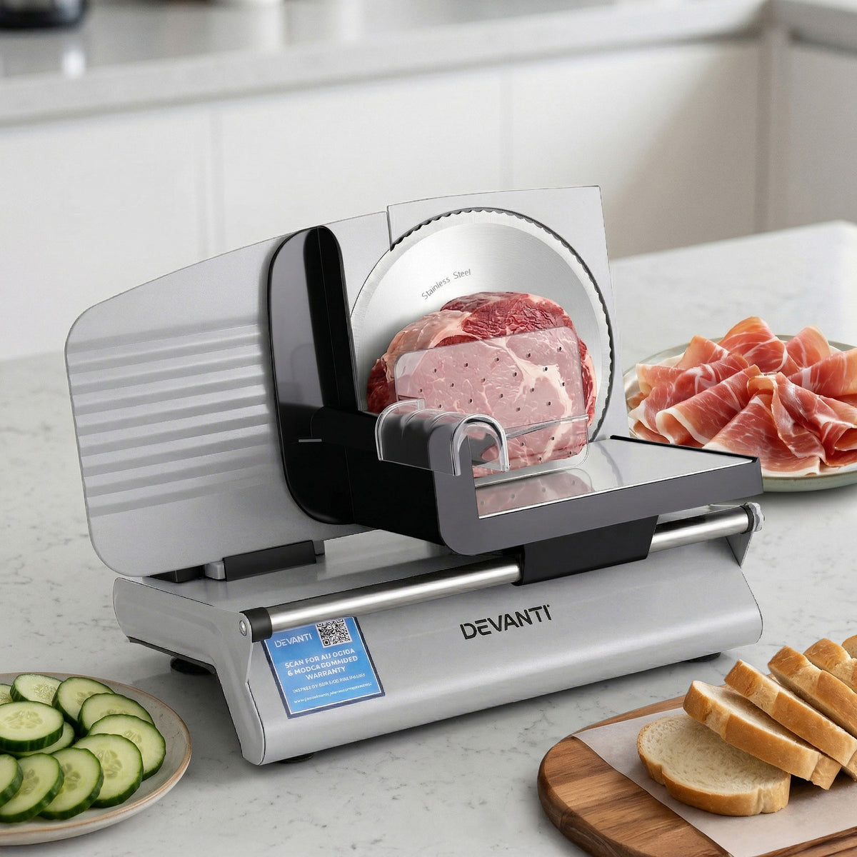 Devanti Meat Slicer 200W Bread and Vegetable Food Slicer, Silver