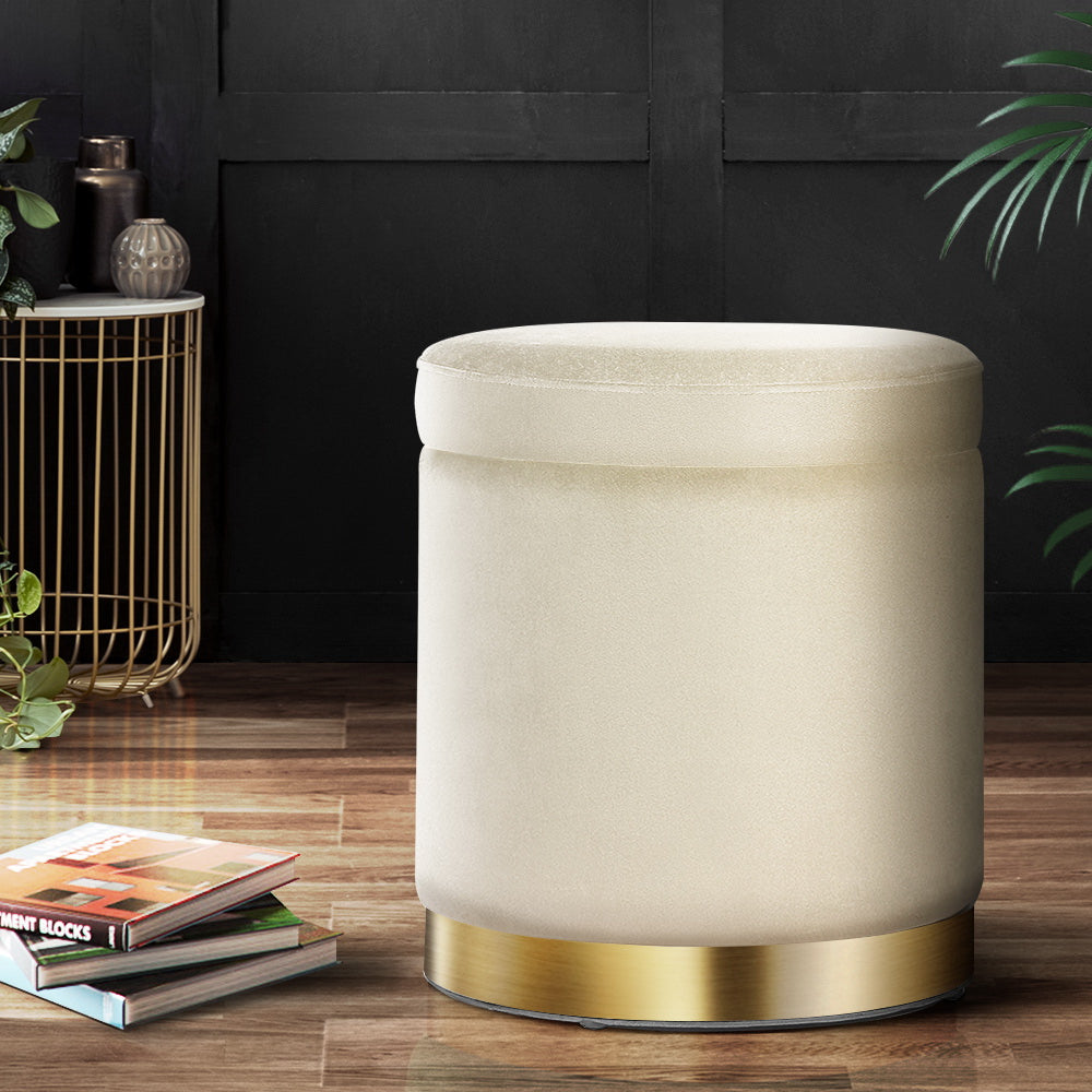 Artiss Round Velvet Ottoman Storage Footstool Cream