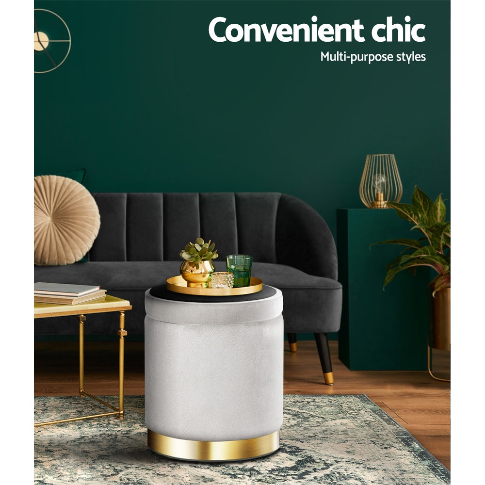 Round Velvet Storage Ottoman Footstool Grey