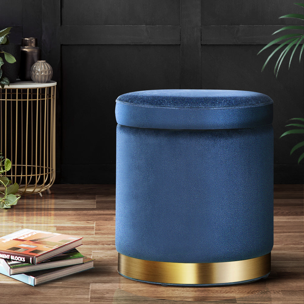 Artiss Storage Ottoman Footstool Round Velvet Navy