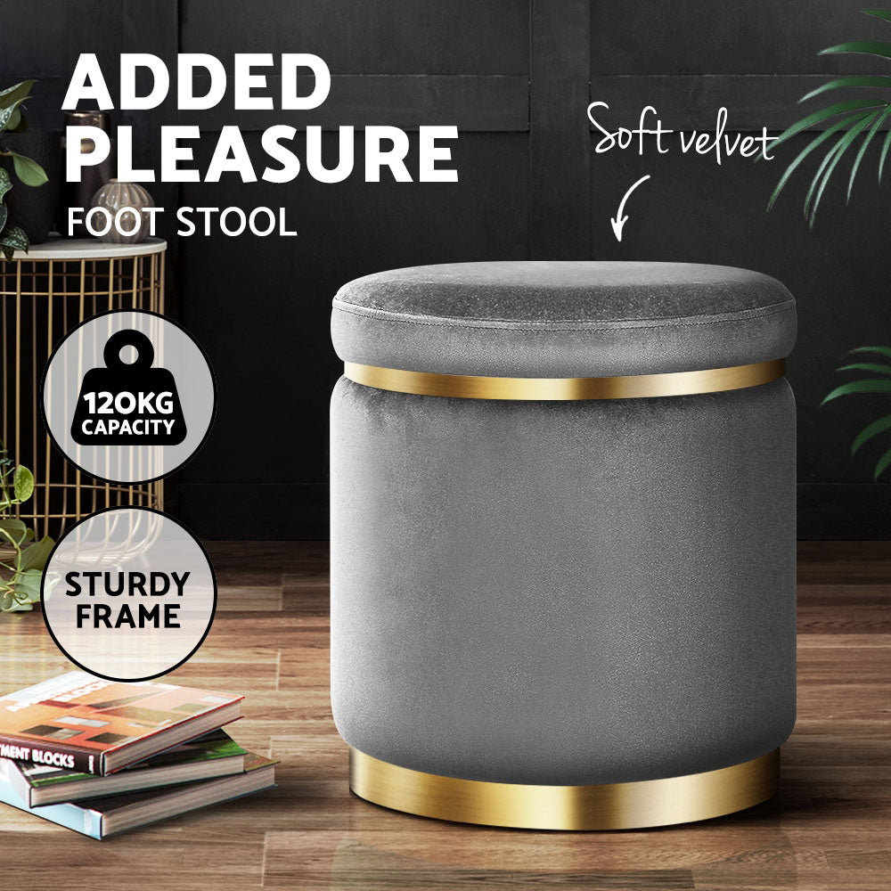 Velvet Round Ottoman Footstool Charcoal