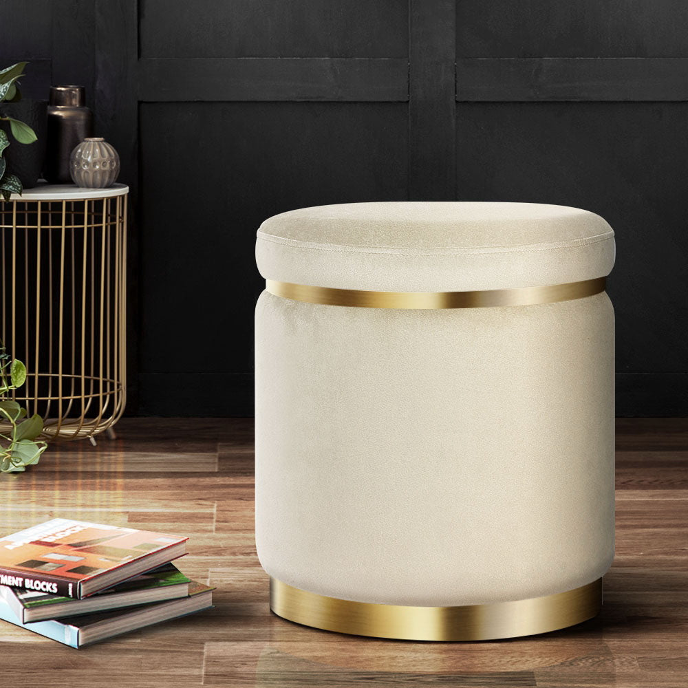 Artiss Round Velvet Tufted Ottoman Footstool Cream