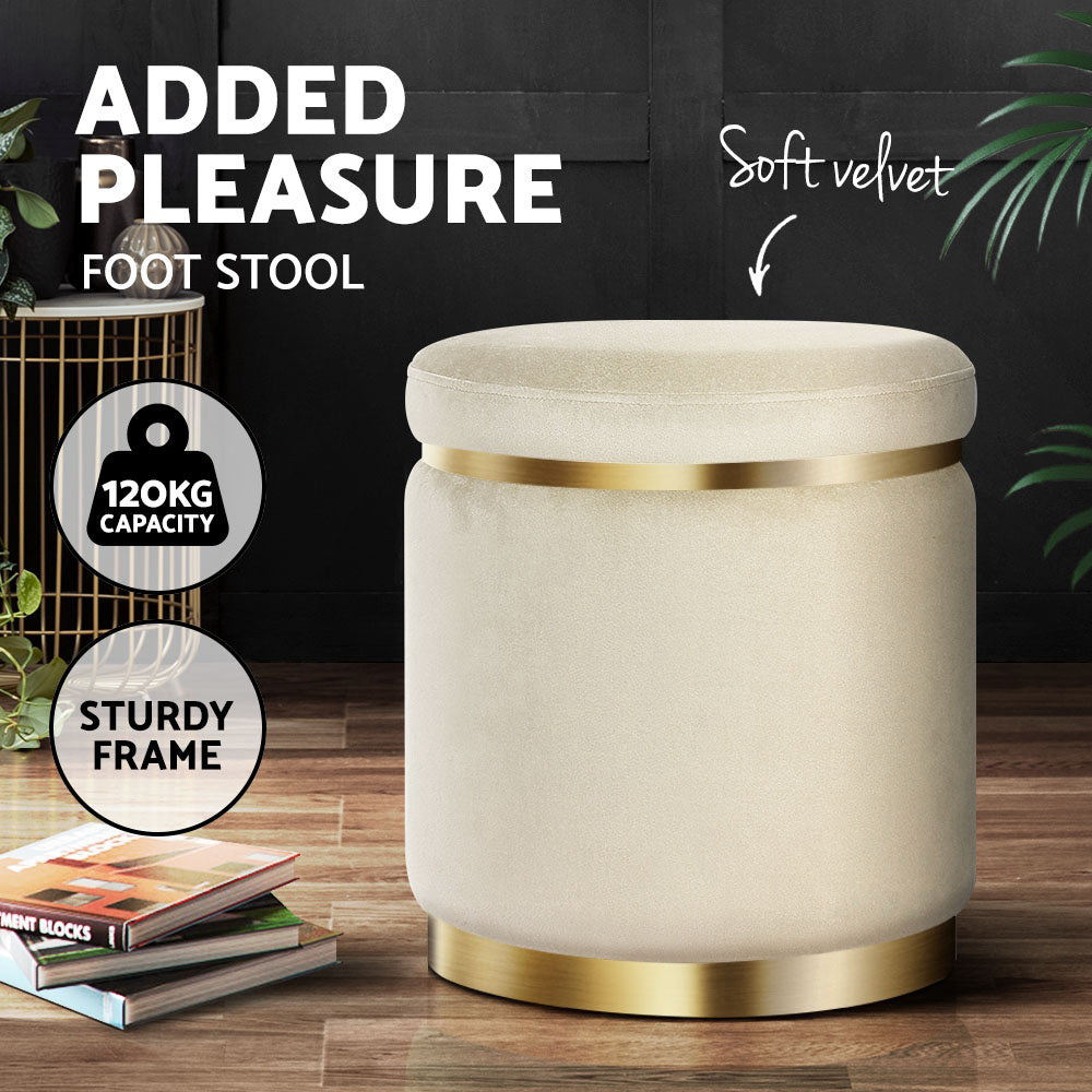 Round Velvet Ottoman Footstool Cream