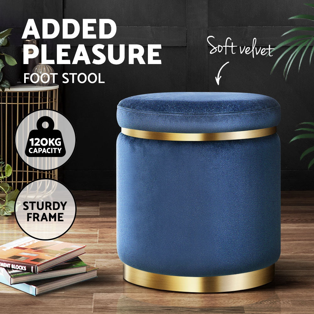 Velvet Round Ottoman Footstool Navy