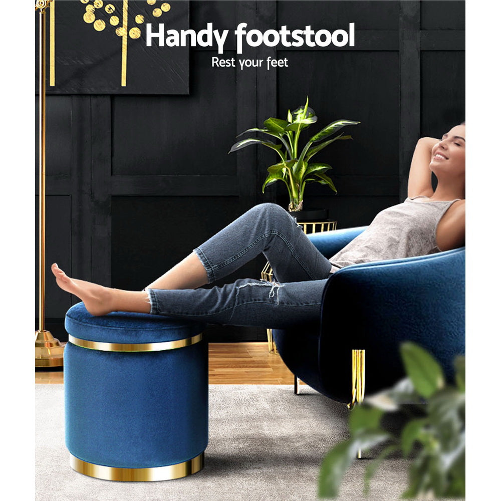 Velvet Round Ottoman Footstool Navy