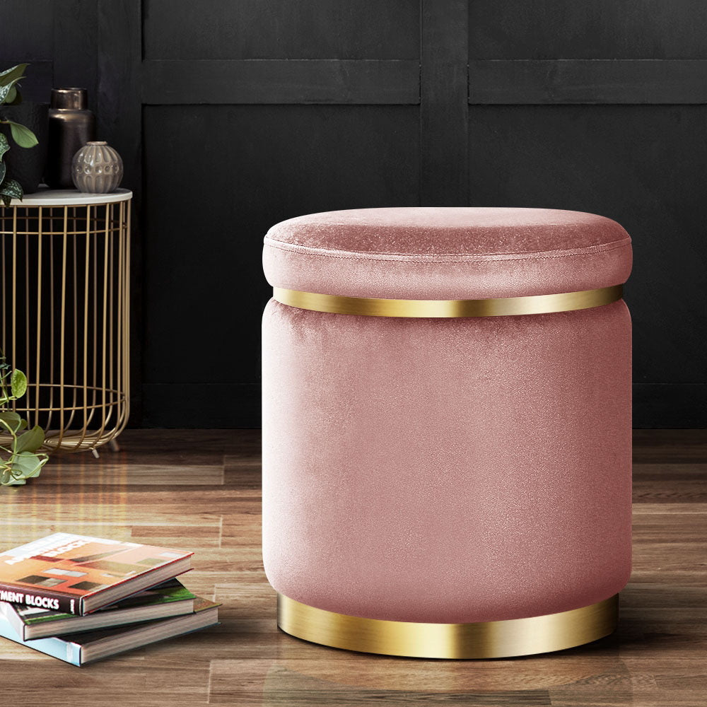 Artiss Round Velvet Ottoman Footstool with Gold Rings Pink