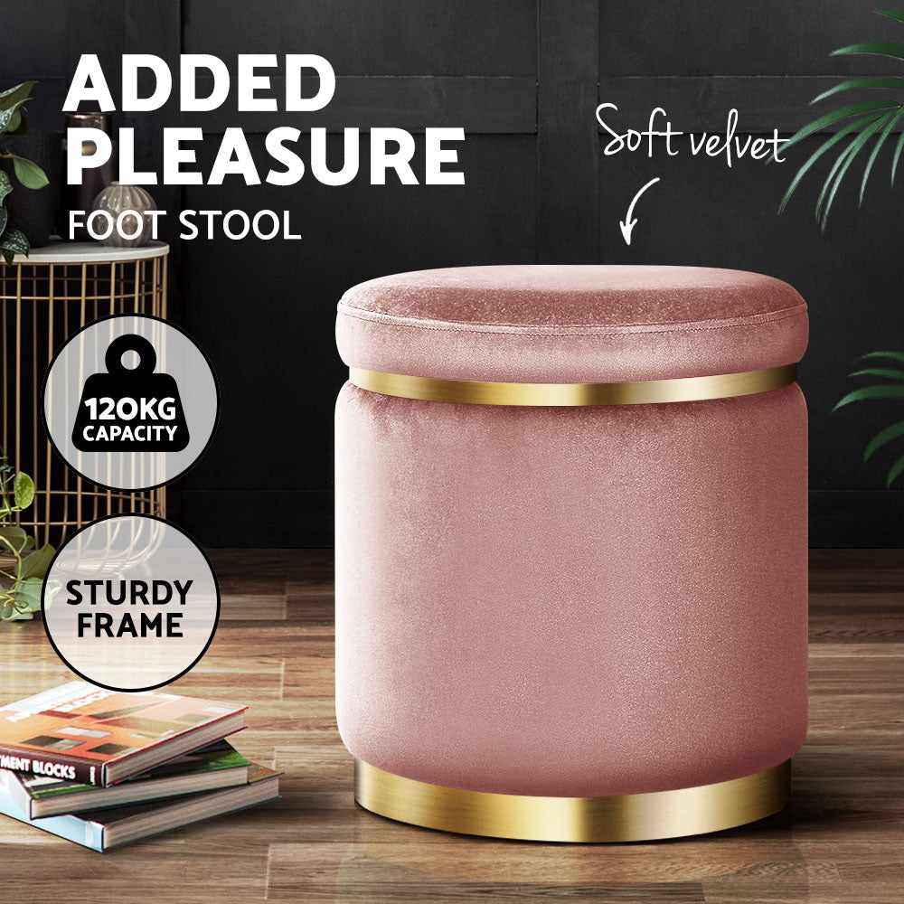Round Velvet Ottoman Footstool Pink