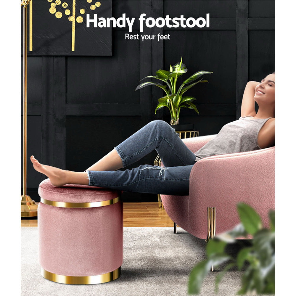 Round Velvet Ottoman Footstool Pink