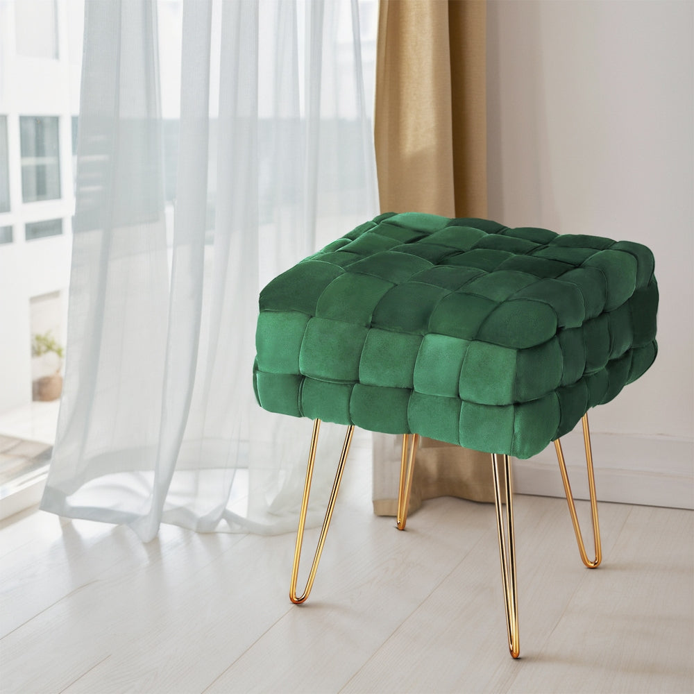 Cleo Ottoman Footstool Woven Velvet Green Gold