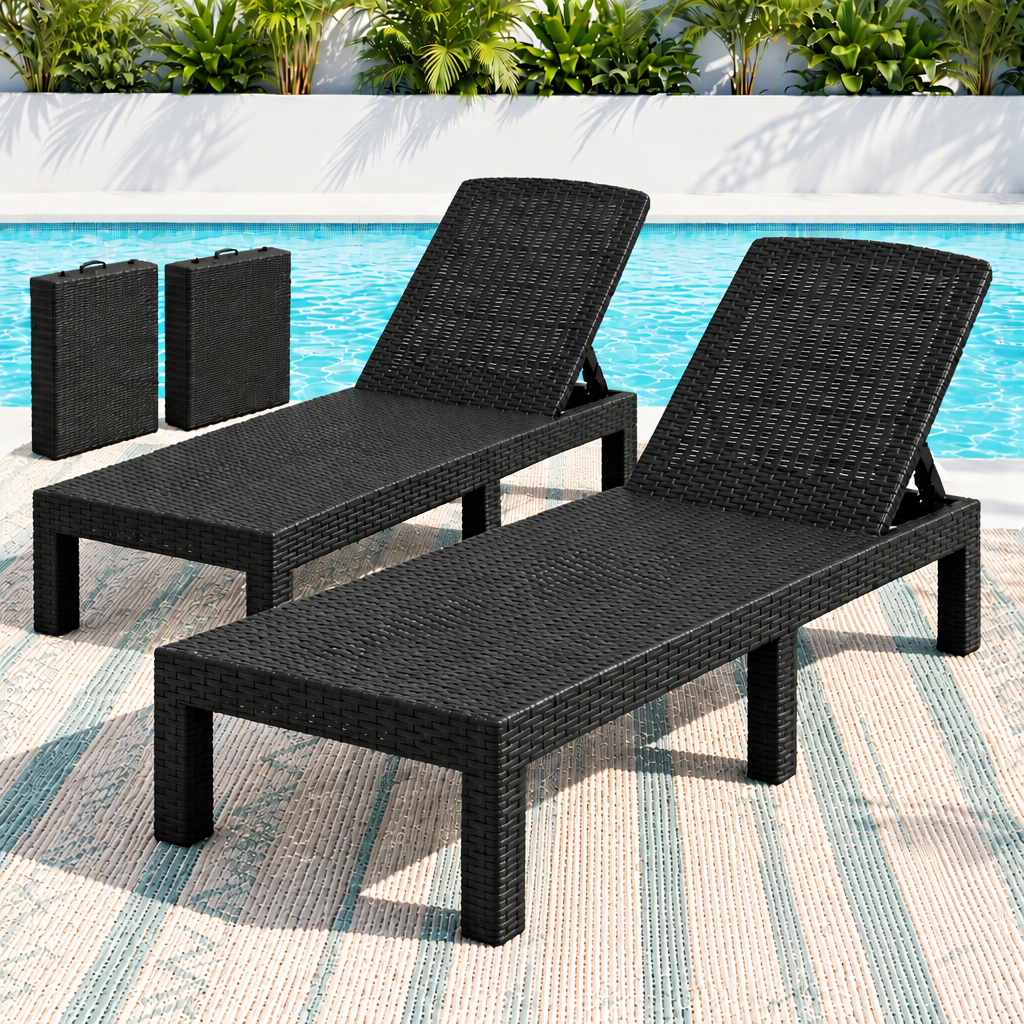 Gardeon Foldable Rattan Sun Lounger Outdoor Recliner Patio Black
