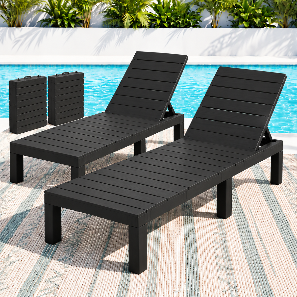 Gardeon Foldable Outdoor Sun Lounger 2 Pack Black Slatted