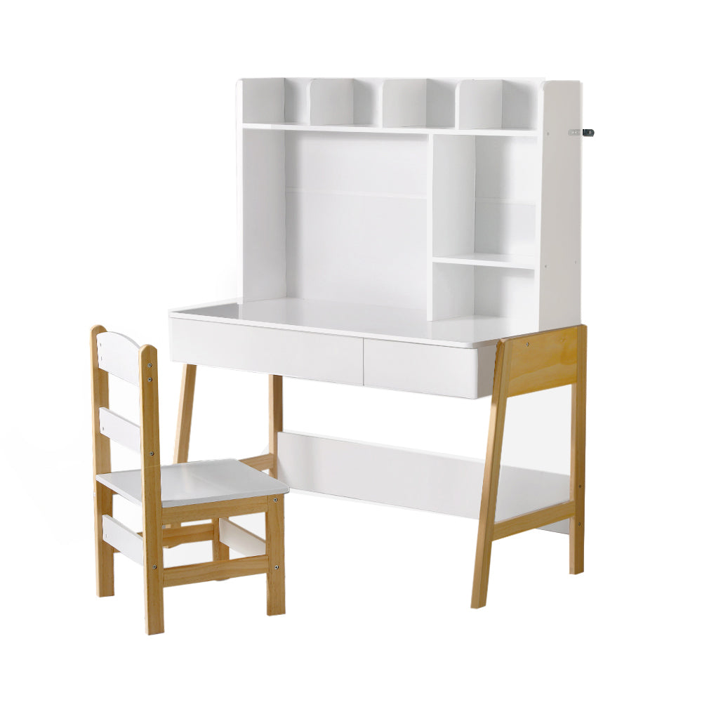 Keezi Kids Table and Chairs Set White Natural Storage Desk Drawer
