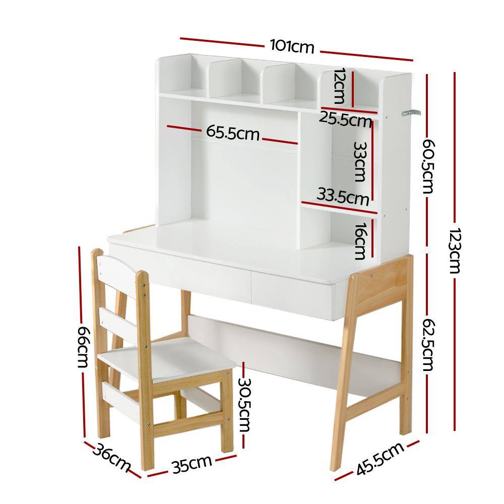 Keezi Kids Table and Chairs Set White Natural Storage Desk Drawer
