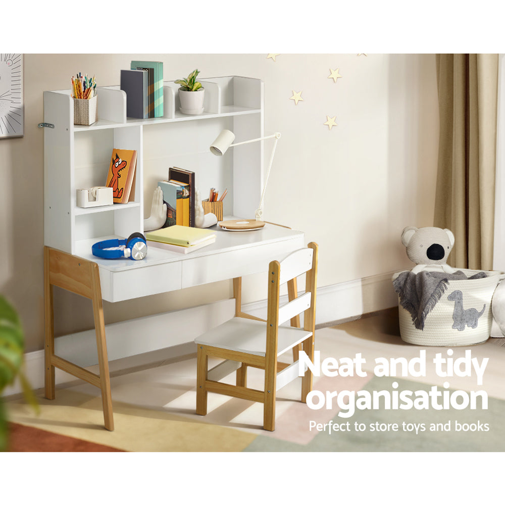 Keezi Kids Table and Chairs Set White Natural Storage Desk Drawer