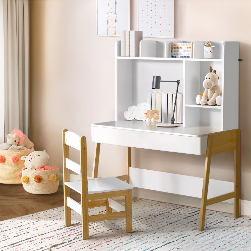 Keezi Kids Table and Chairs Set White Natural Storage Desk Drawer