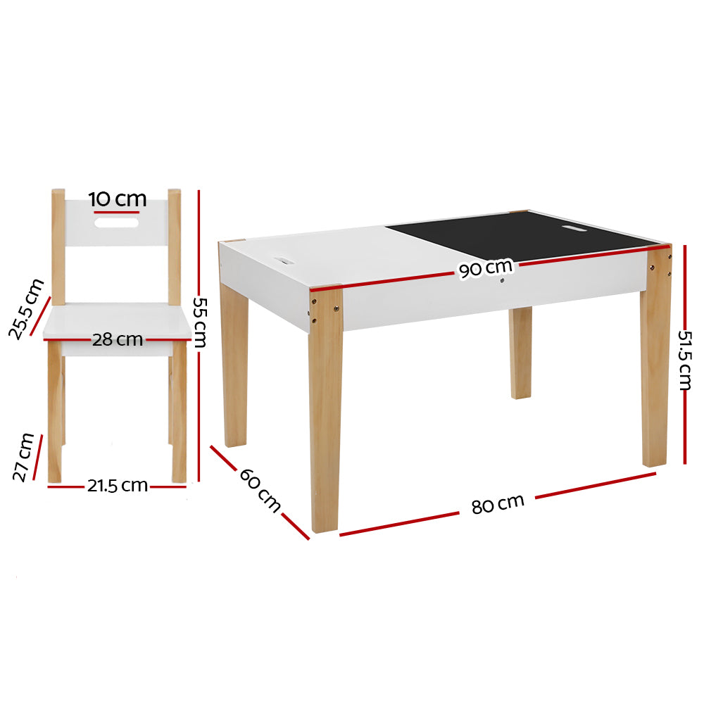 Keezi Kids Table and Chairs Set 3PCS Chalkboard Desk with Storage White/Natural