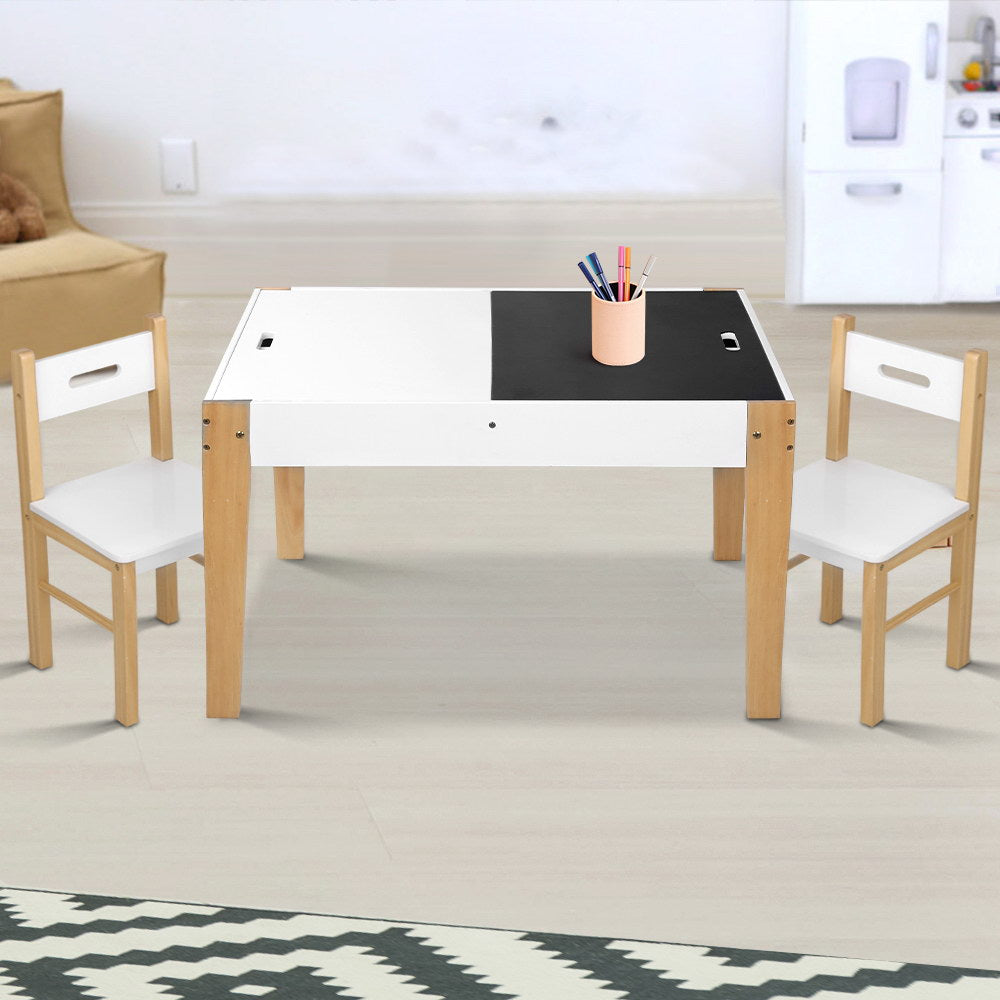 Keezi Kids Table and Chairs Set 3PCS Chalkboard Desk with Storage White/Natural