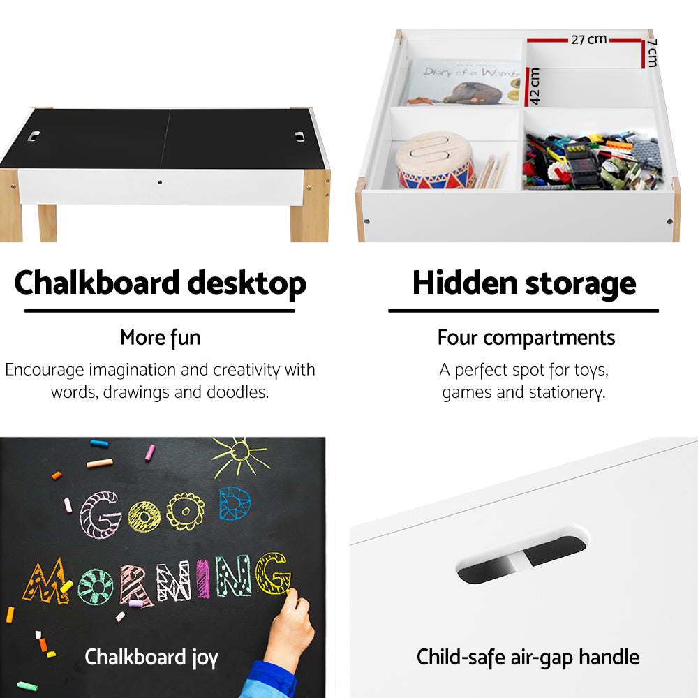 Keezi Kids Table and Chairs Set 3PCS Chalkboard Desk with Storage White/Natural