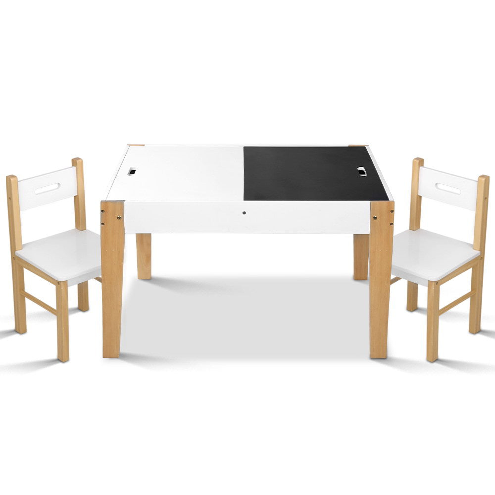Keezi Kids Table and Chairs Set 3PCS Chalkboard Desk with Storage White/Natural