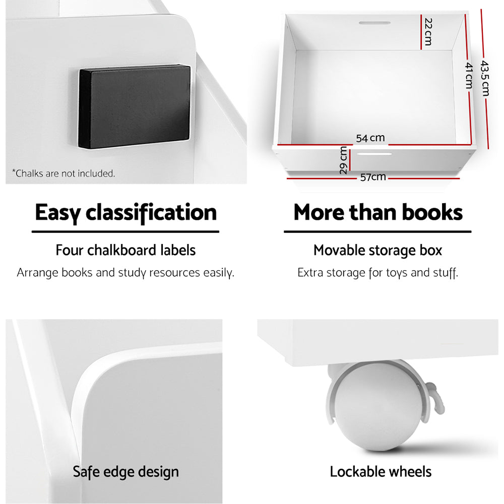 Keezi Kids Bookshelf 4 Tiers White Storage Organiser with Drawers