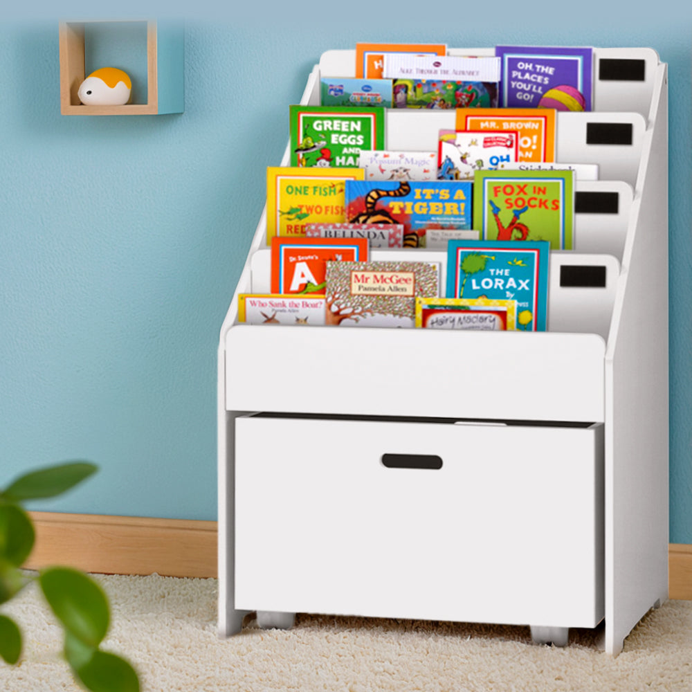 Keezi Kids Bookshelf 4 Tiers White Storage Organiser with Drawers