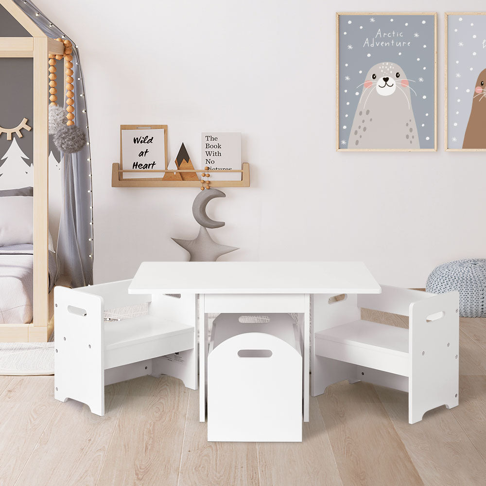 Keezi Kids Activity Table and Chairs Set 3PCS White Storage