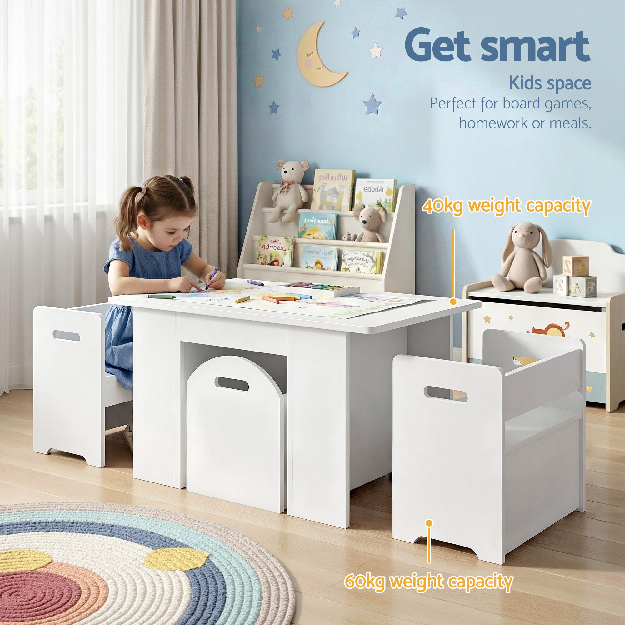 Keezi 3PCS Kids Table and Chairs Set Storage Toys Play Activity Desk