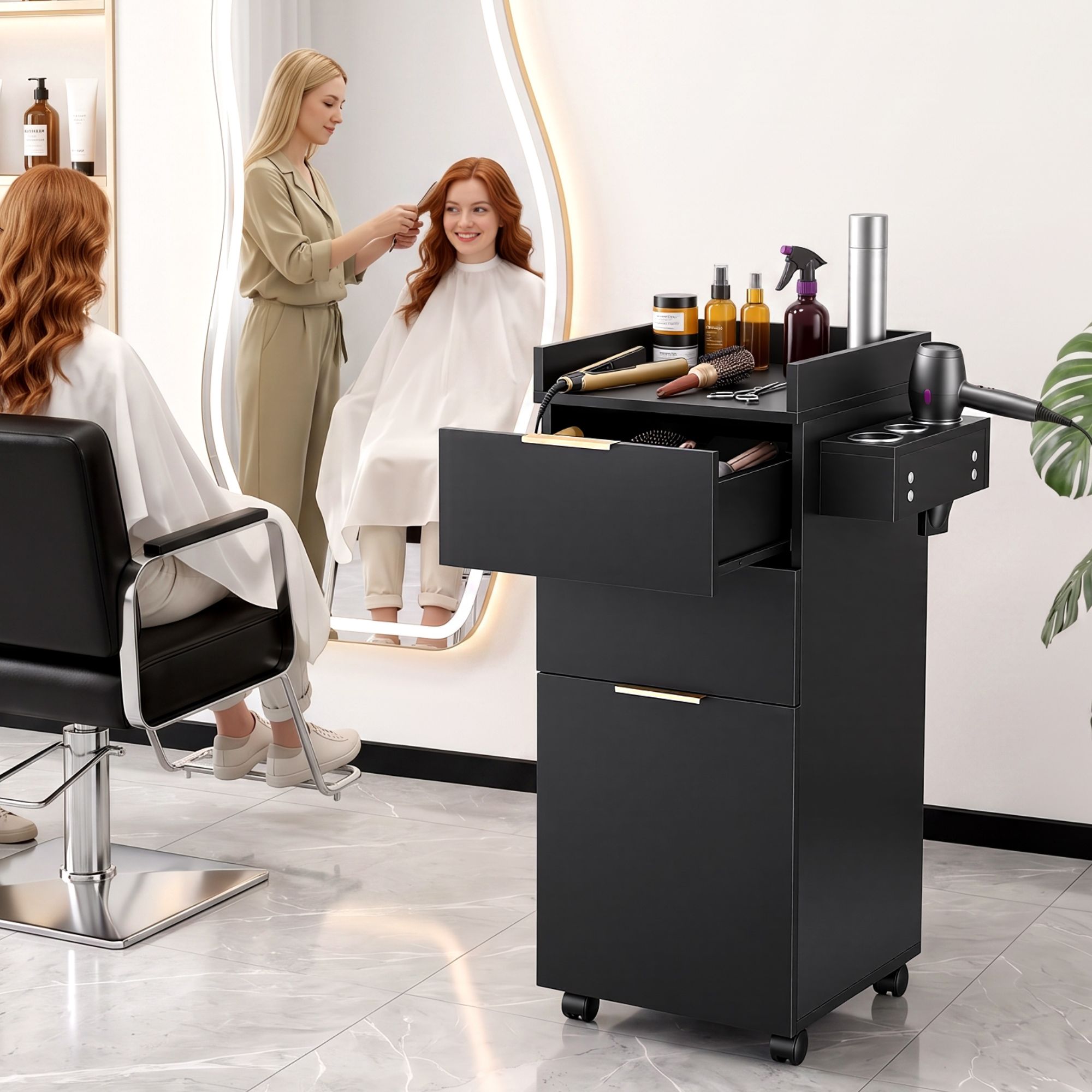 Artiss Professional Salon Station Rolling Cart, Hair Styling Beauty Cabinet with 2 Drawers, Large Supply Cabinet & 3 Appliance Holders, Wood Barber Spa Trolley with 360° Wheels for Skincare & Vanity, Black
