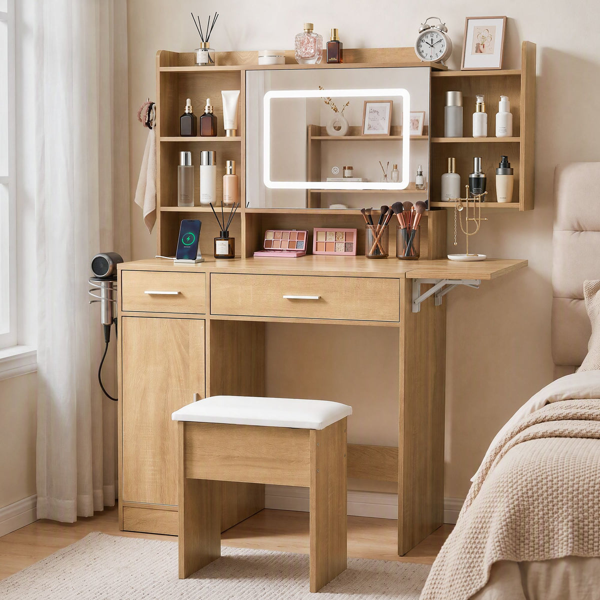Artiss Dressing Table Vanity with LED Mirror, Stool Wood