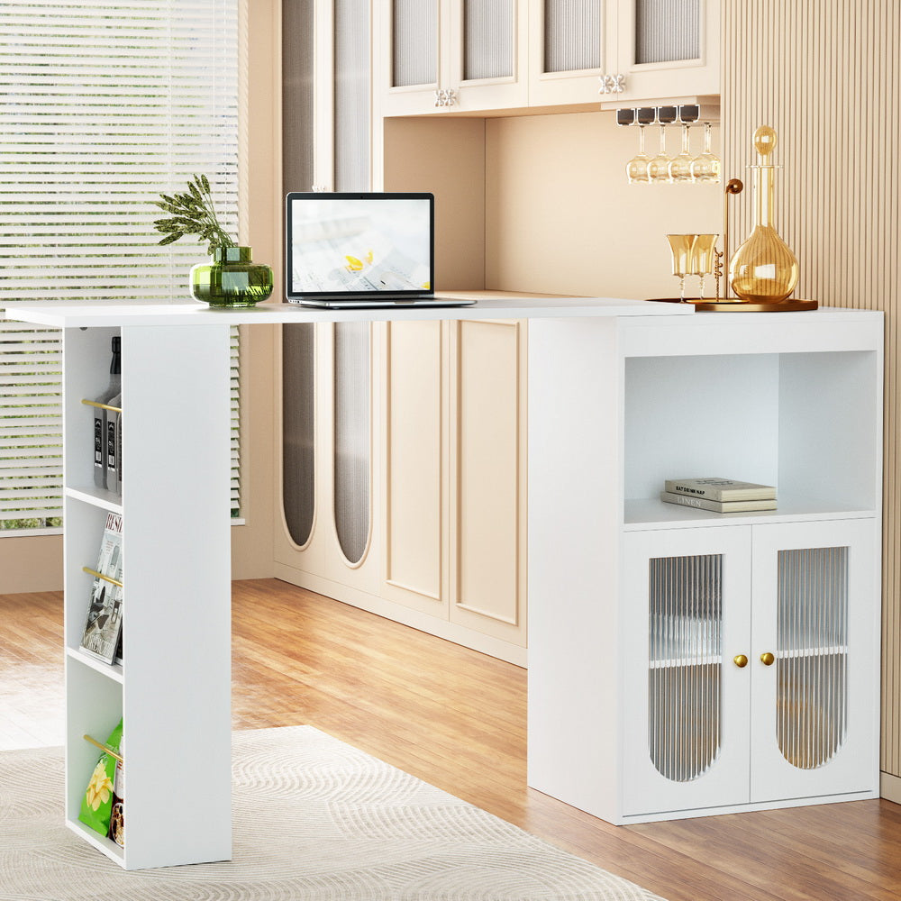 Lexli Extendable Bar Table Storage Cabinet Wine Rack White