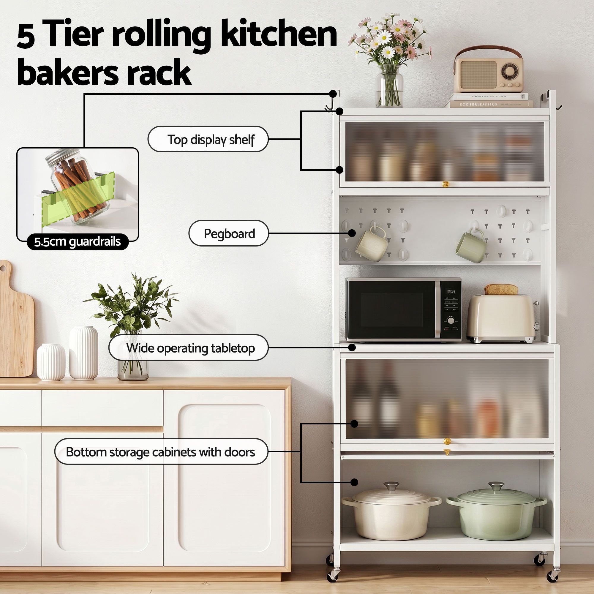 Artiss Kitchen Cabinet Storage Shelves Pegboard Cupboard Sideboard 80CMX164CM