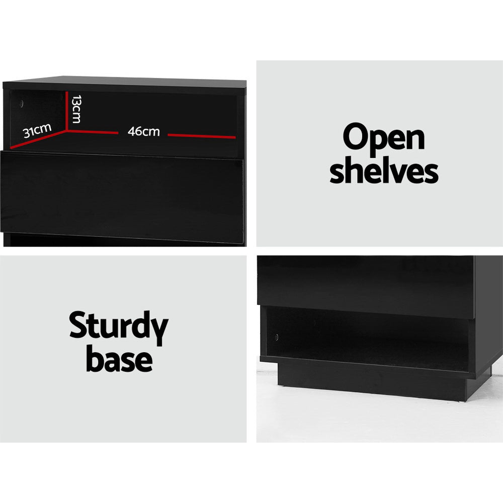 HANA Black Bedside Table LED 2 Shelves