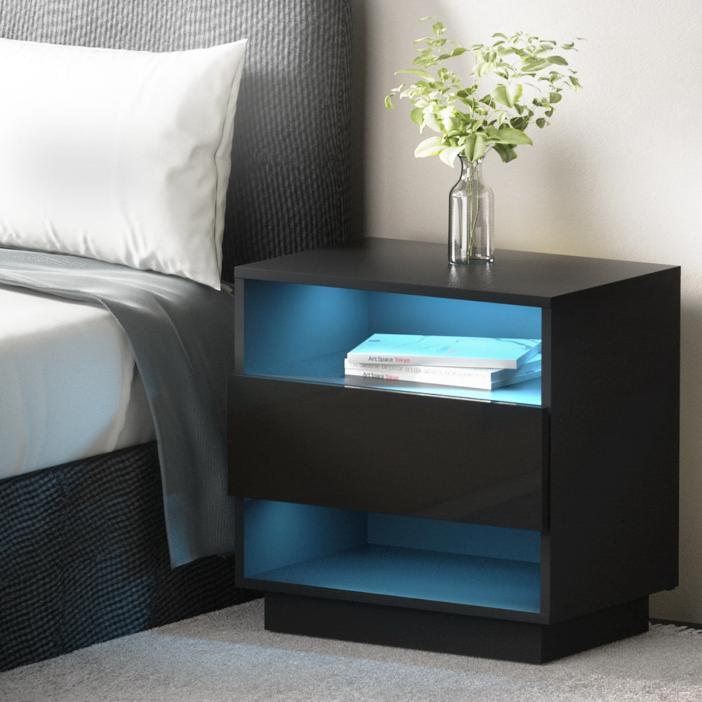 Hana LED Bedside Table with 2 Shelves and Drawer - Black