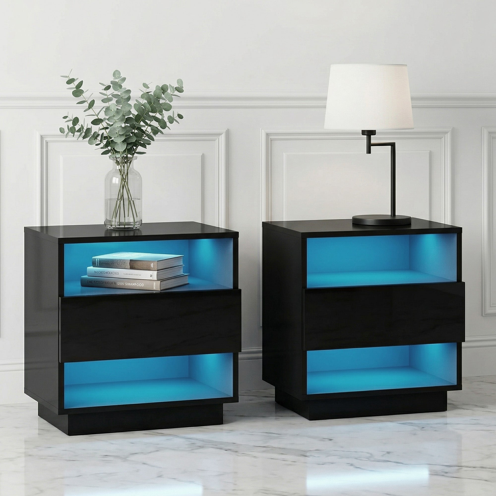 Artiss 2x Bedside Table LED with 2 Shelves - HANA Black