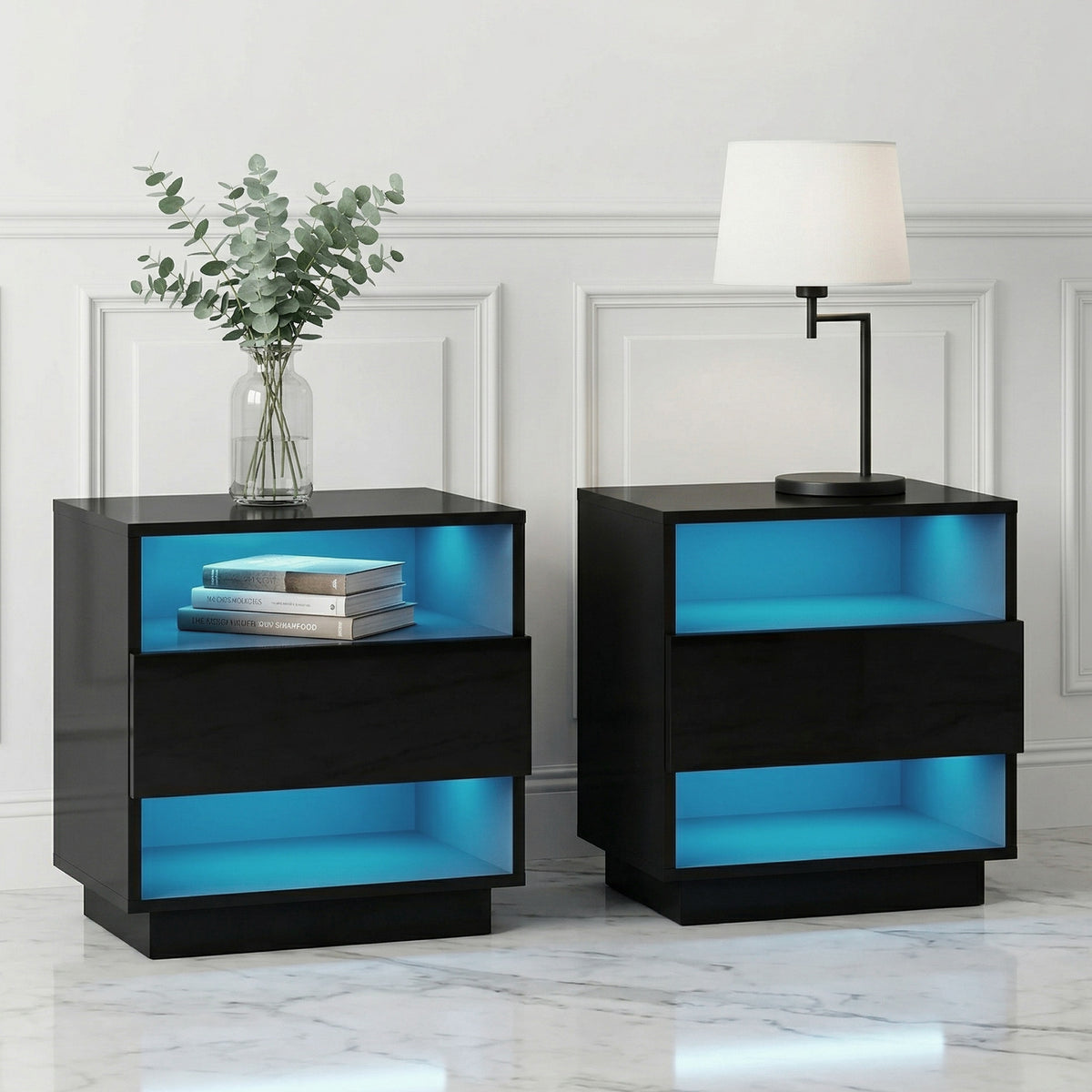 Hana LED Bedside Table with Drawer and 2 Shelves Black