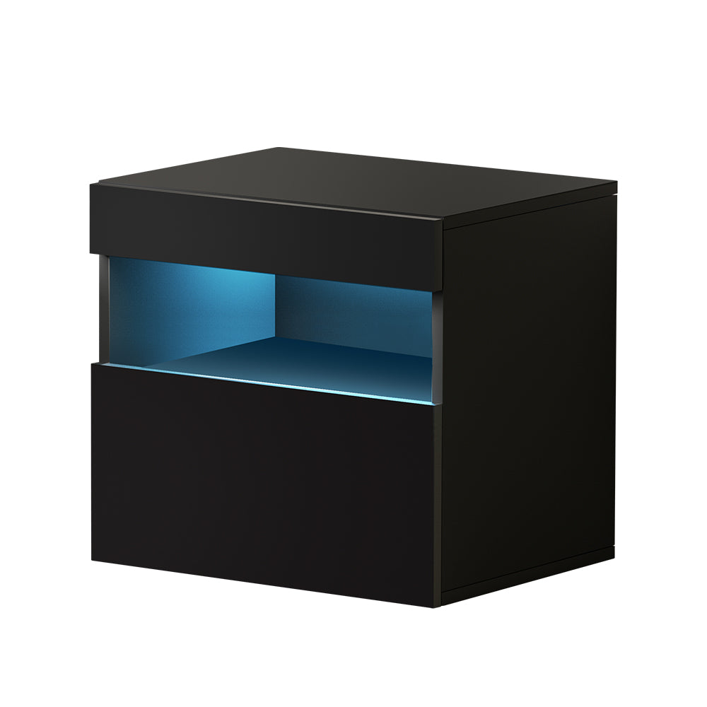 HERES Black LED Bedside Table One Drawer One Shelf
