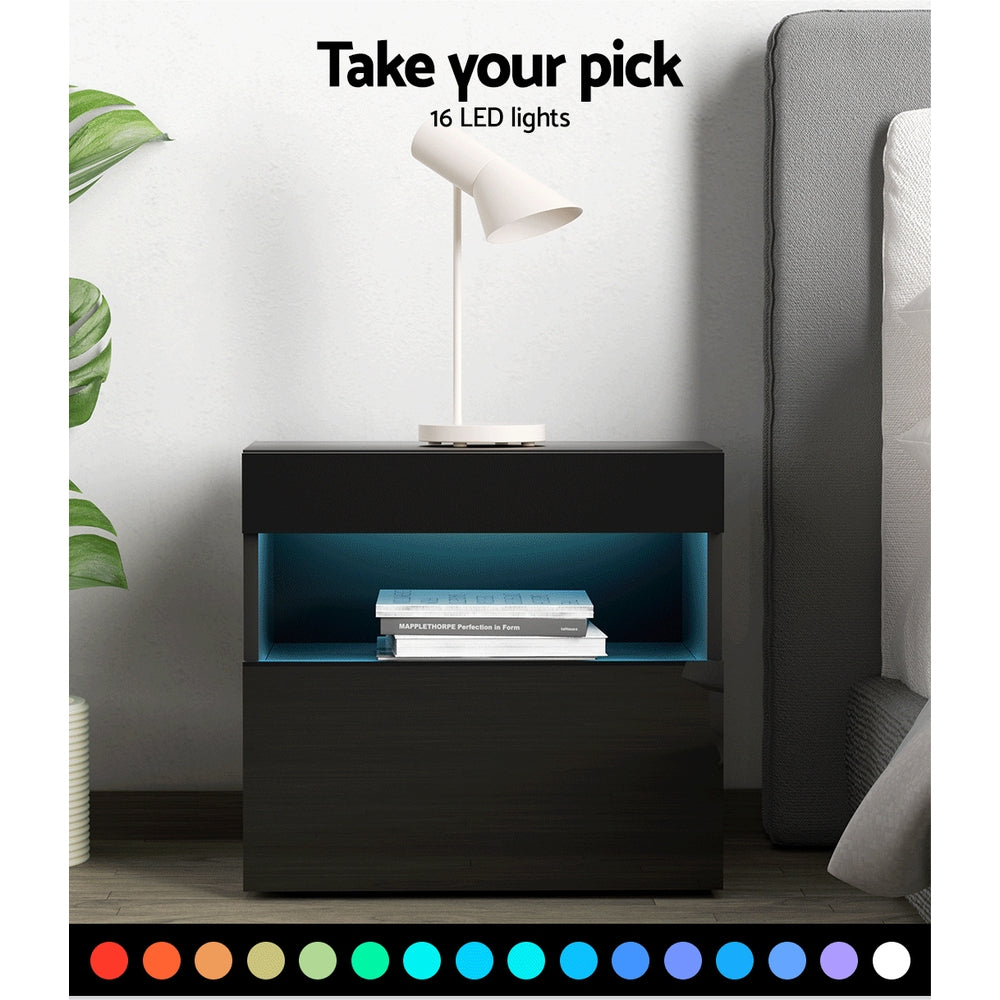 HERES Black LED Bedside Table One Drawer One Shelf