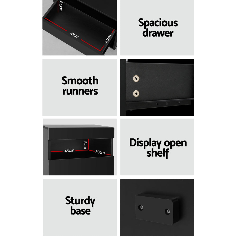 HERES Black LED Bedside Table One Drawer One Shelf