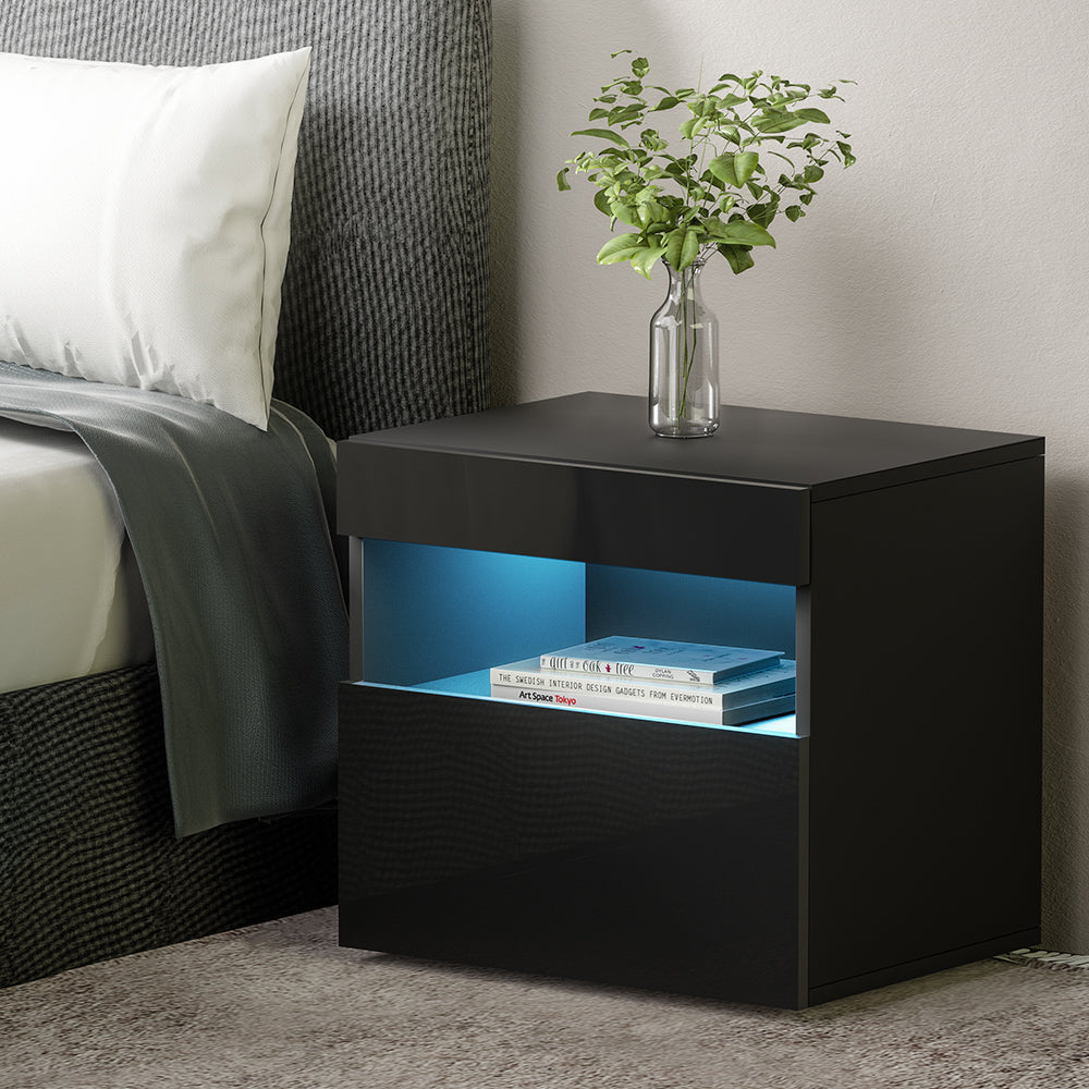 HERES Black LED Bedside Table One Drawer One Shelf