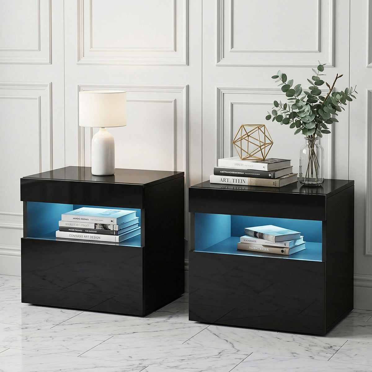 Heres Bedside Table with LED Light 2 Pack Black