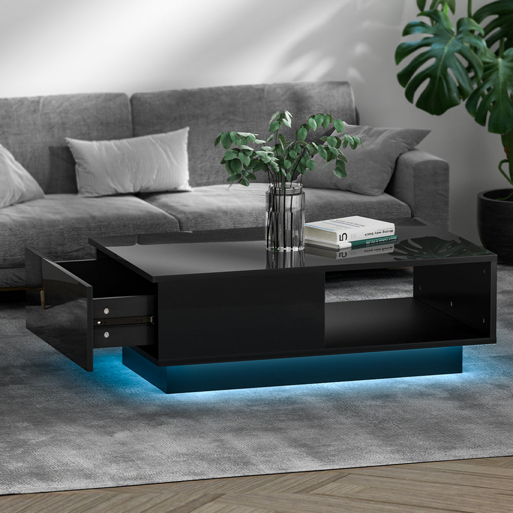 Artiss Coffee Table with LED Lights and Drawer Black