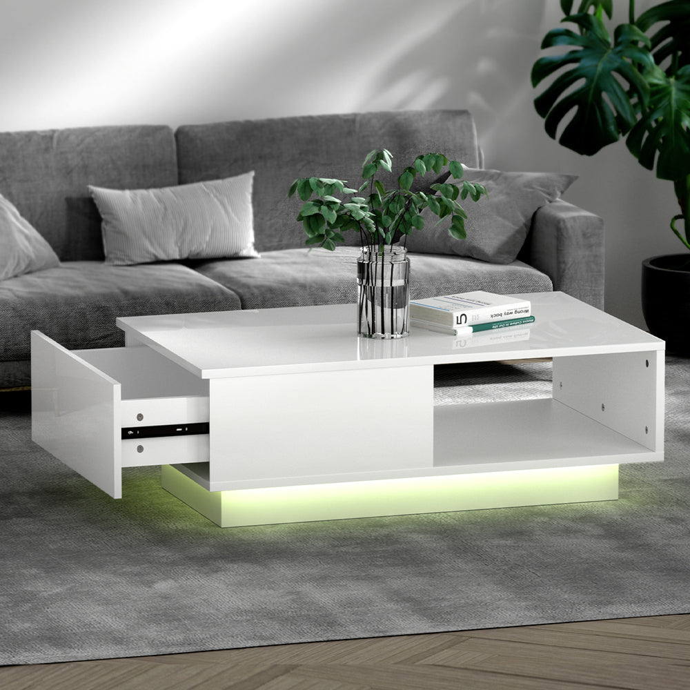 Artiss Coffee Table with LED Lights and Storage White