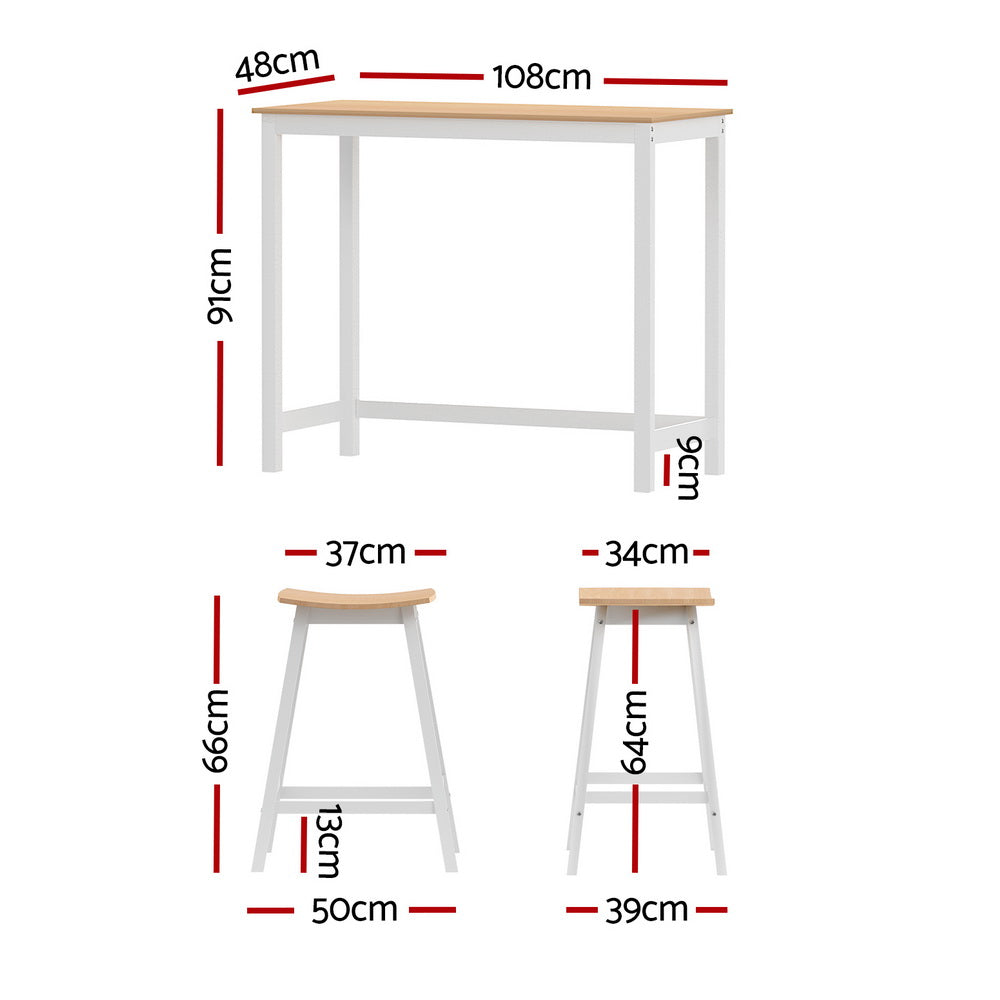 Artiss Pine & White Bar Table and Stools Set Solid Wood Dining Desk