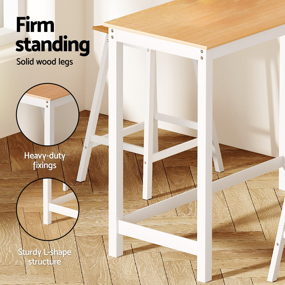 Artiss Pine & White Bar Table and Stools Set Solid Wood Dining Desk