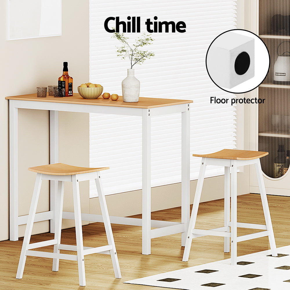 Artiss Pine & White Bar Table and Stools Set Solid Wood Dining Desk